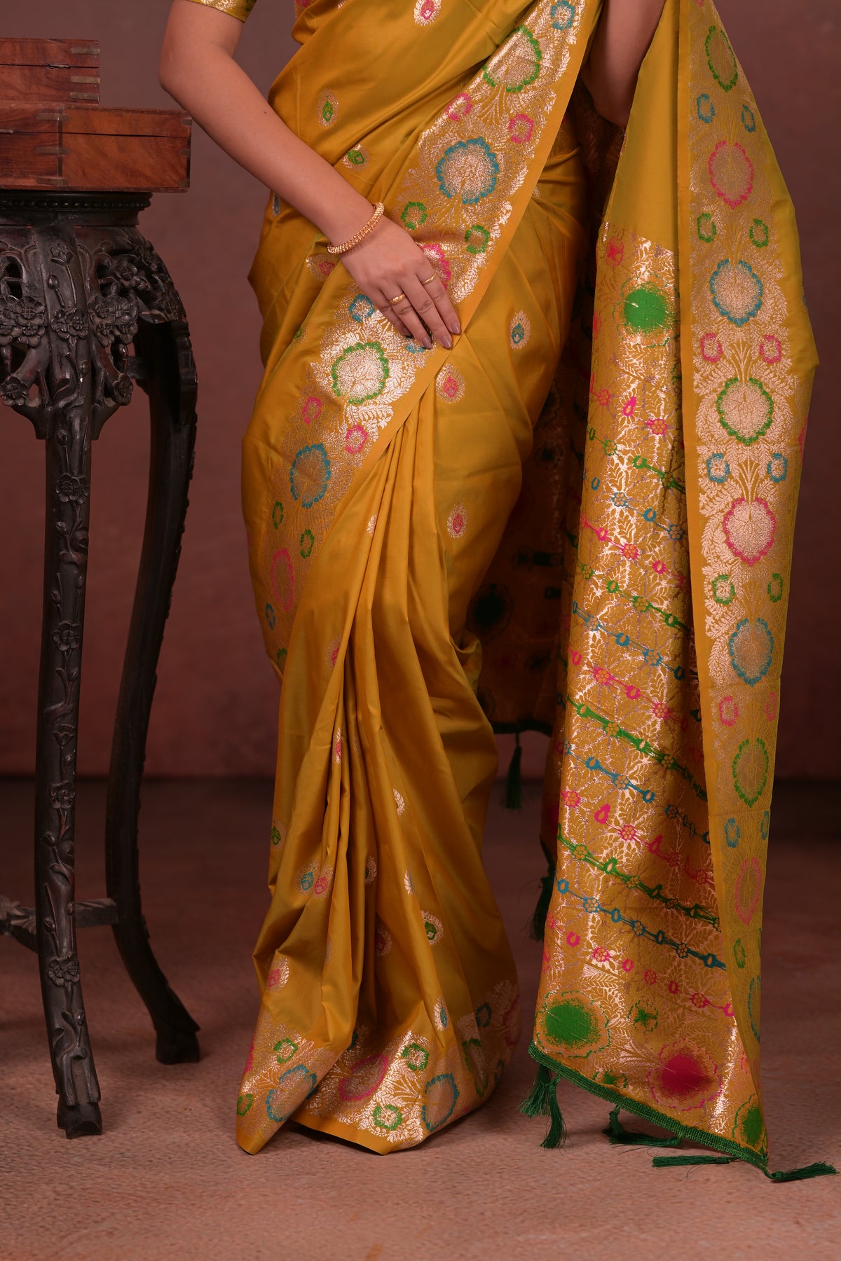 mustard golden Banarasi Silk Saree