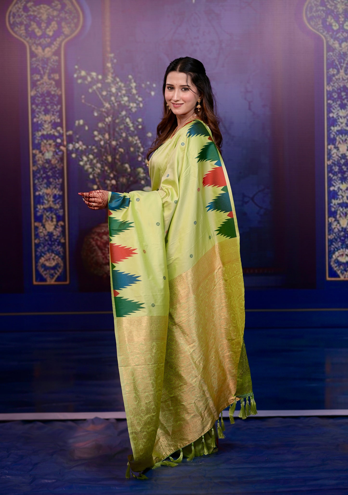 Lime green Temple Border Silk Saree