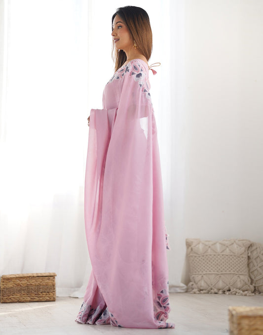 Pink Soft Vichitra Embroidery Thread Work Saree