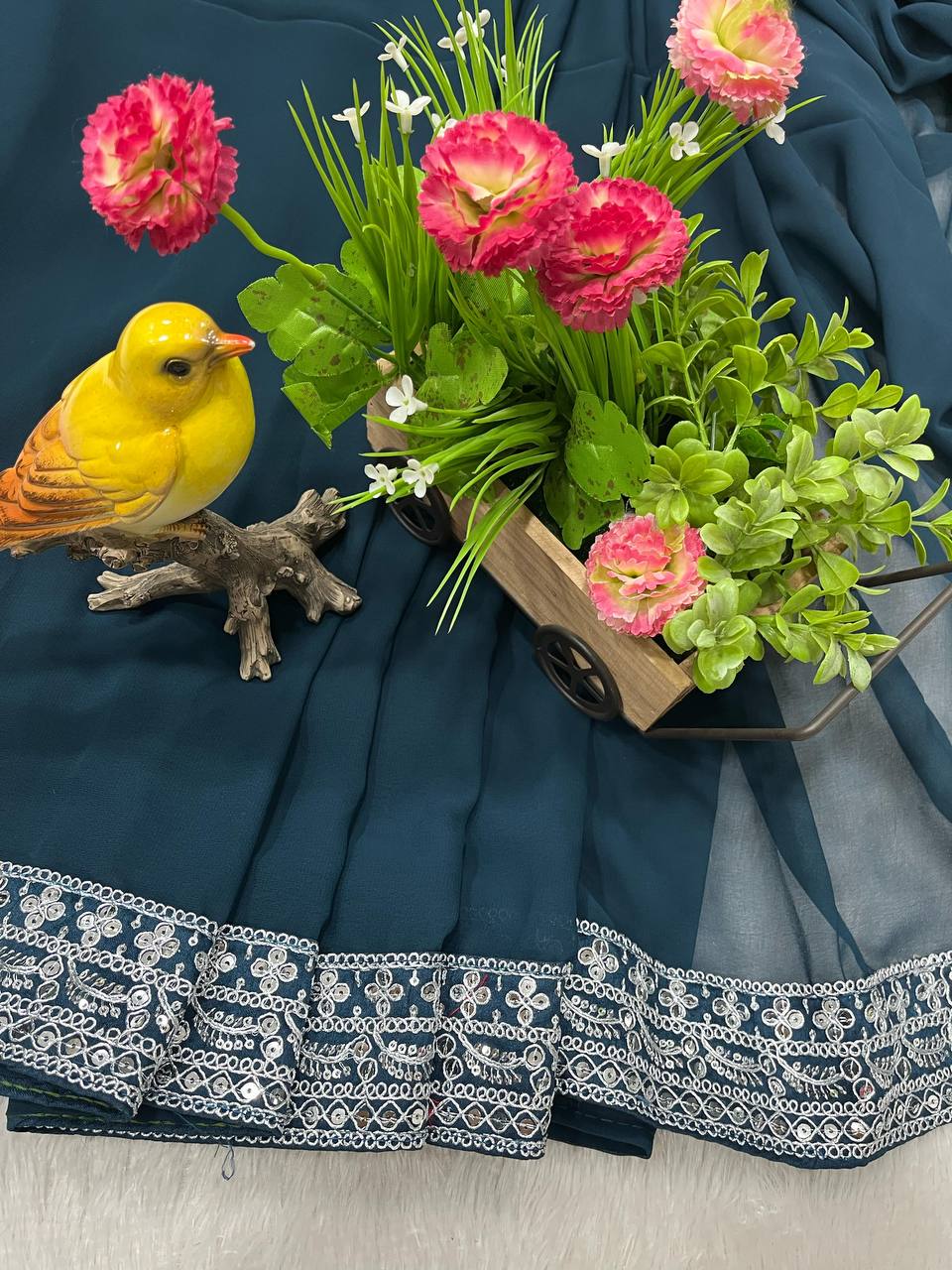 Bollywood Style Navy Blue Drape Designer Saree With Stitched Blouse