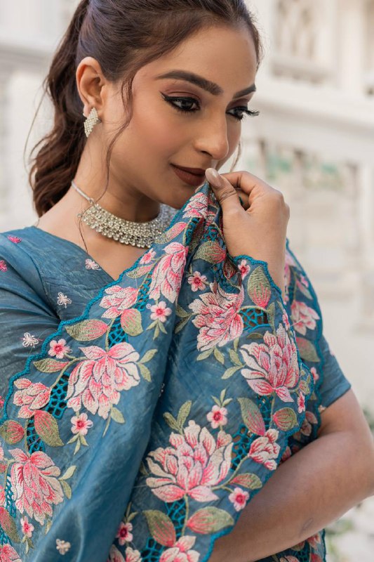 Osian Blue Pure Crush Silk Embroidery Cutwork Border Saree