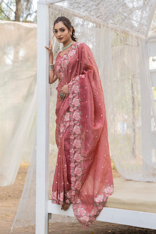 Peach Pink Pure Crush Silk Embroidery Cutwork Border Saree
