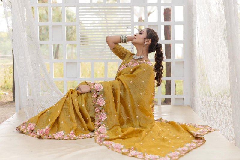Mustard Pure Crush Silk Embroidery Cutwork Border Saree