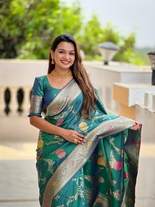 Aqua Rama Banarasi Silk Saree with Intricate Zari Work