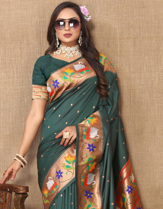 Bottle Green Yeola Style Rajhans Paithani Saree