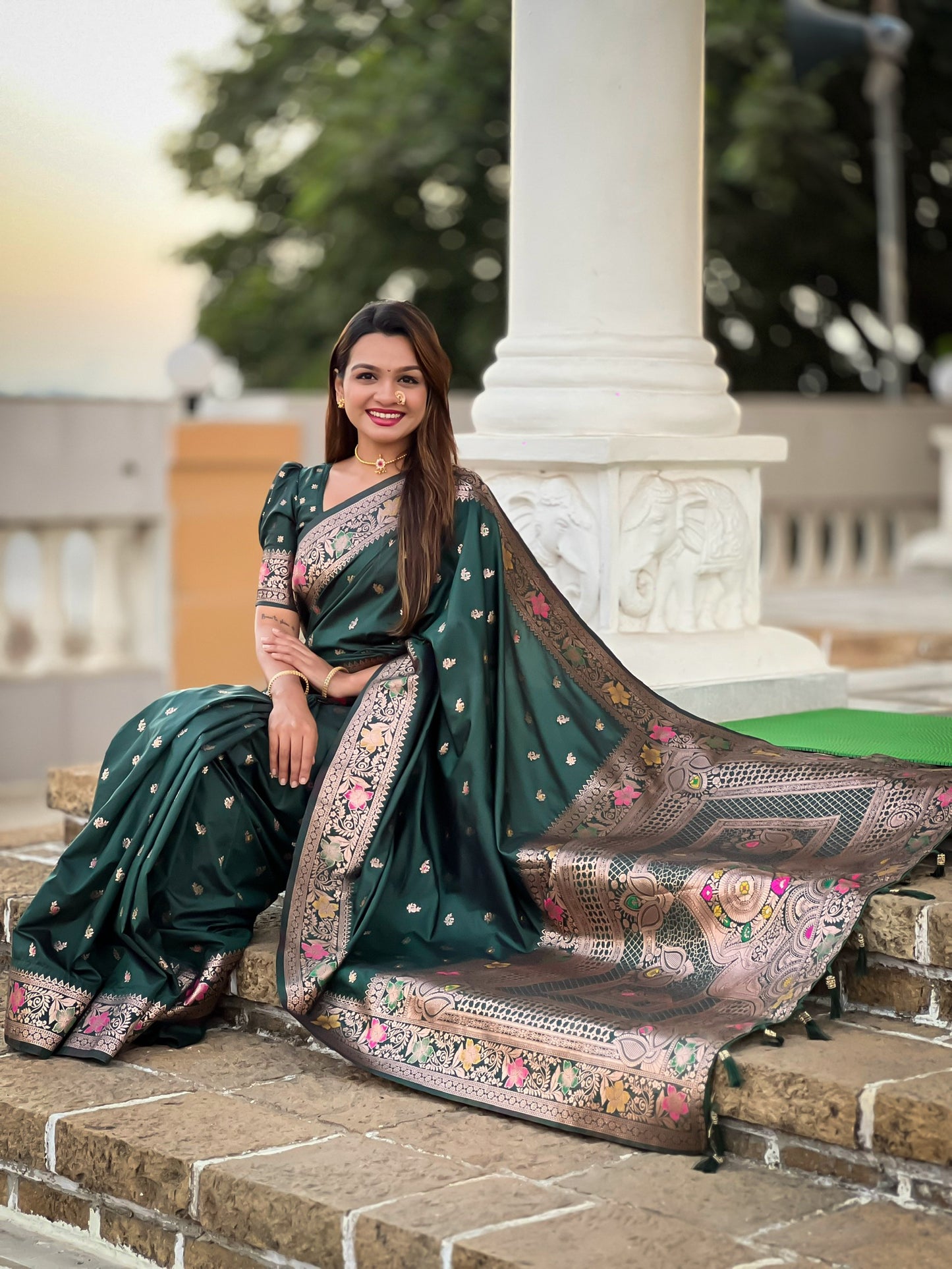 Bottle Green Banarasi Soft Silk Saree