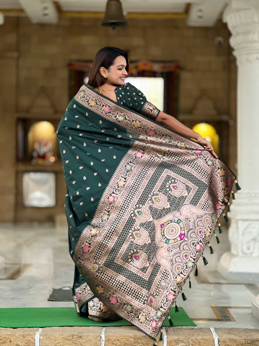 Bottle Green Banarasi Soft Silk Saree