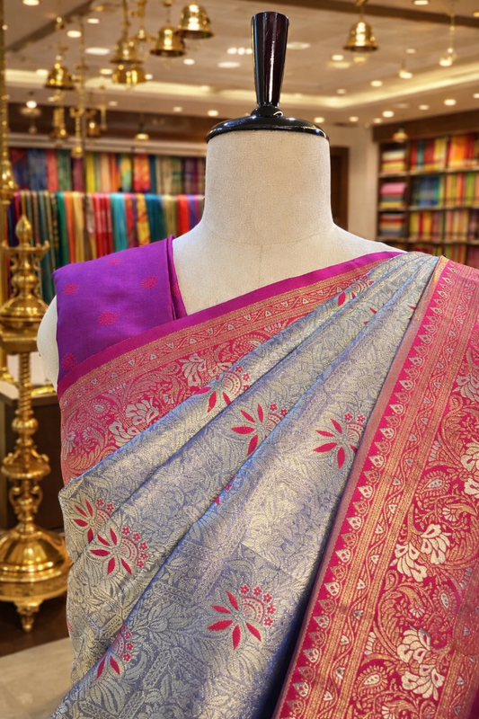 Sringara Royal Blue with Red Kanjivaram Tissue Soft Silk Saree