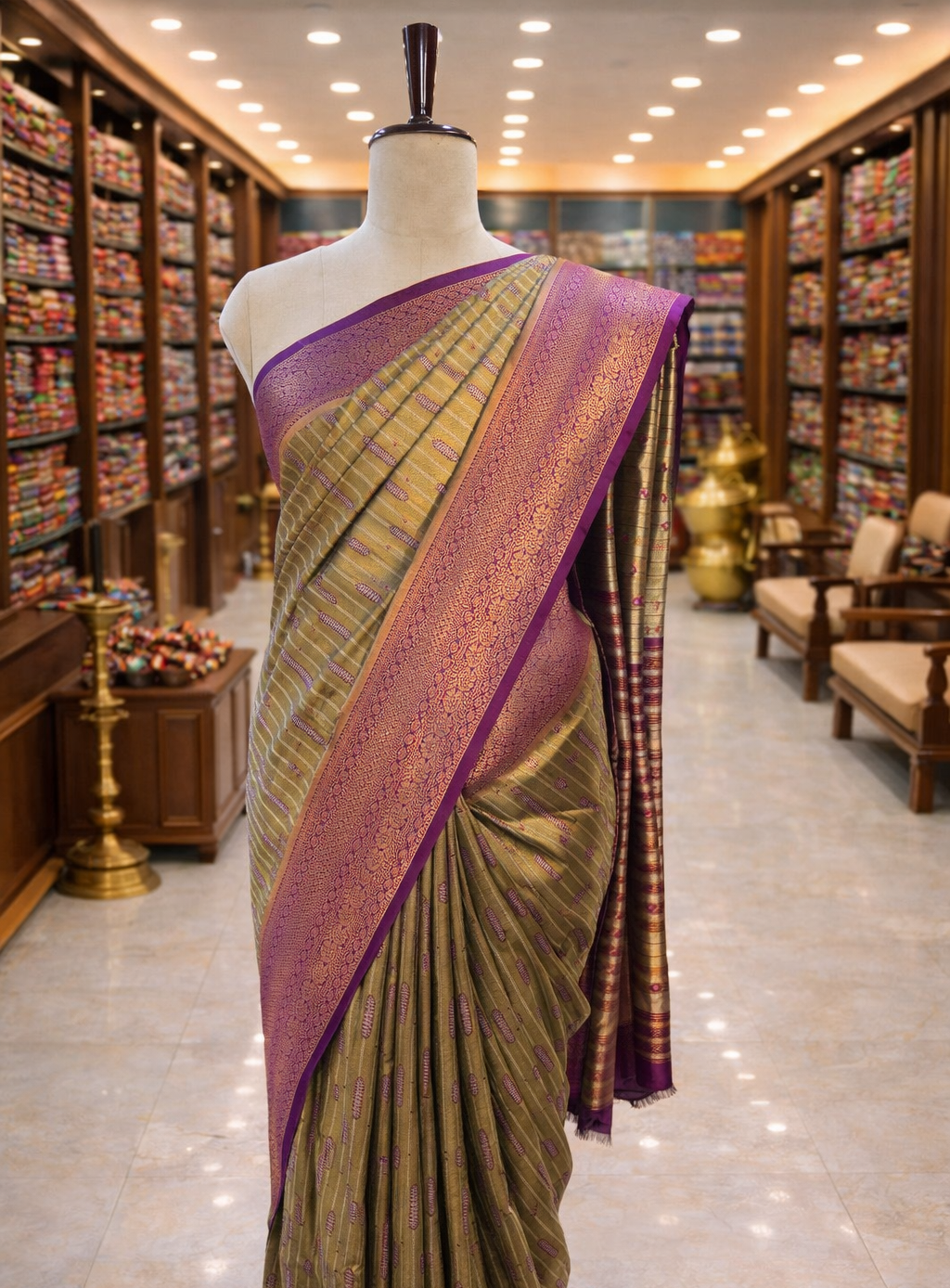 Varnika Antique Gold with Purple Banglori Tissue Soft Silk Saree