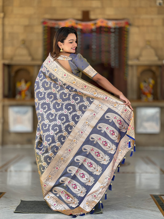 Grey Banarasi Soft Silk Saree