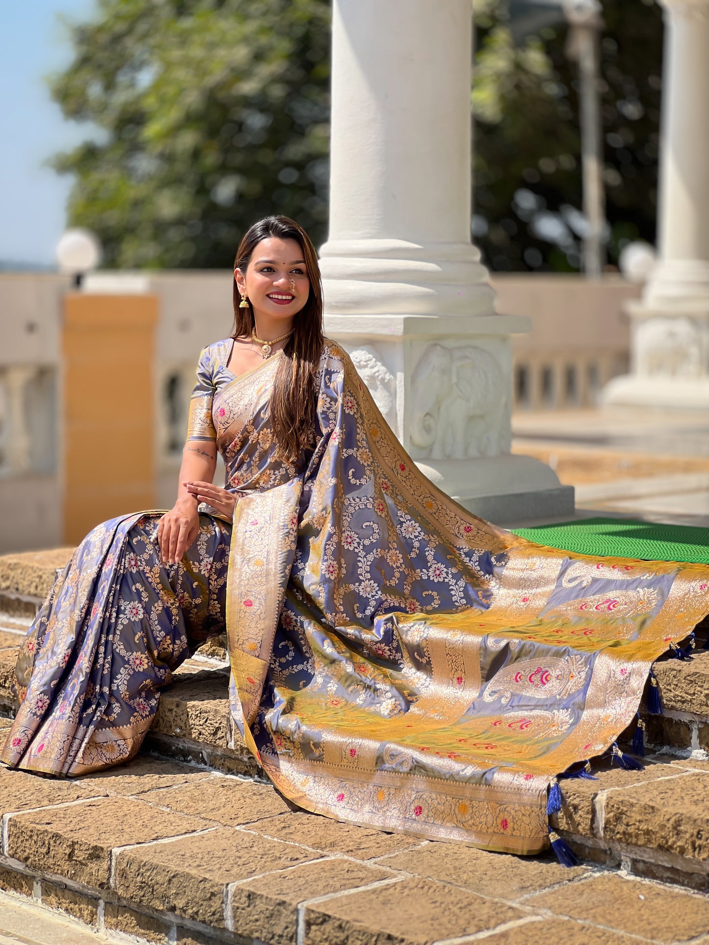 Grey Banarasi Soft Silk Saree