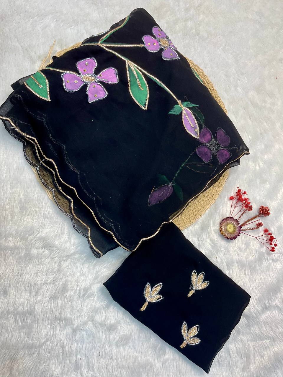 Elegant Black Organza Floral Brush Print Saree