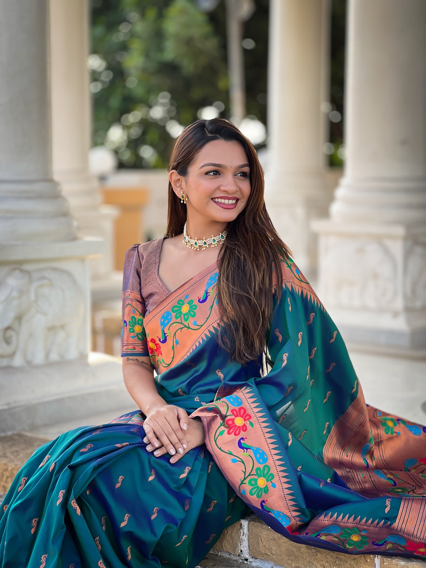 Morpeach Copper Zari Peacock Butta Soft Silk Saree