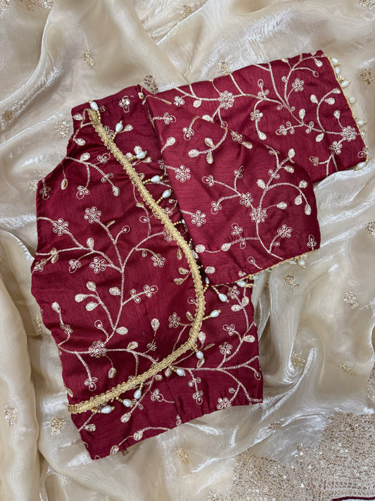 Luxurious Cream Gold Embroidery Sequence work Partywear Saree with Stitched Blouse