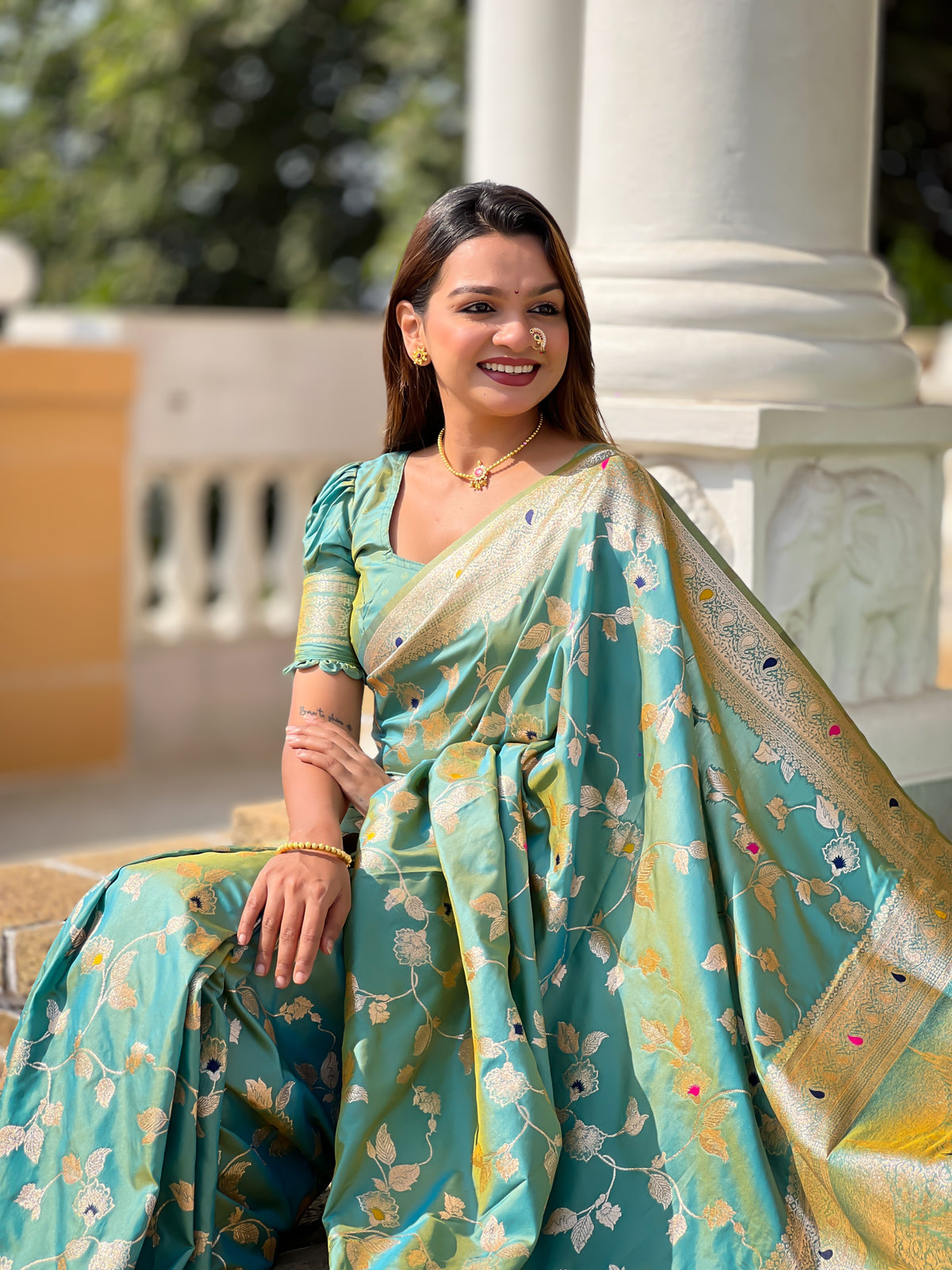 Pista Banarasi Silk Saree with Intricate Zari Work
