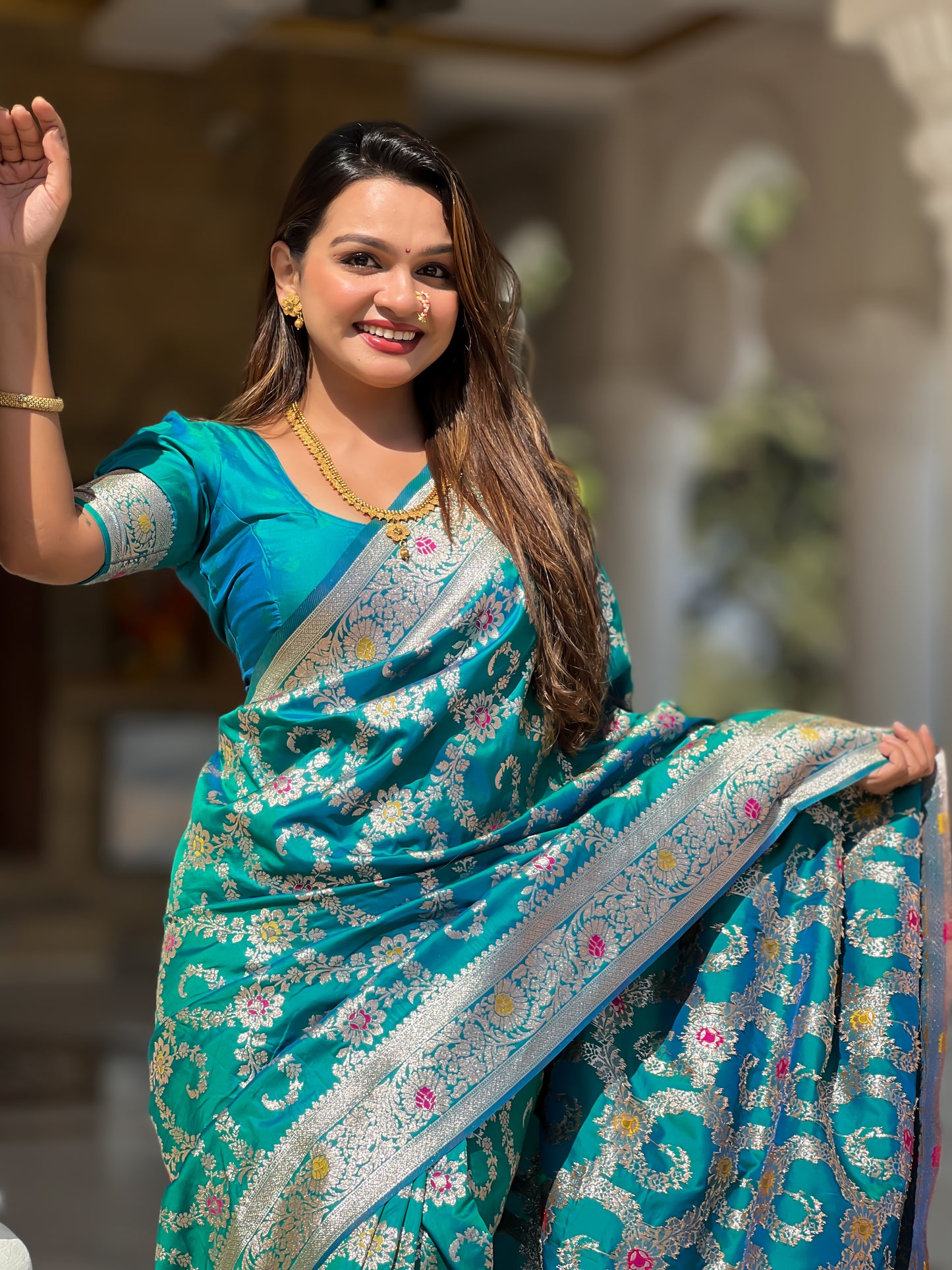 Rama Blue Banarasi Soft Silk Saree