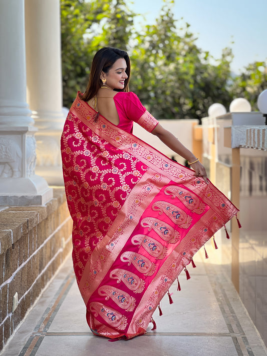 Rani Pink Banarasi Soft Silk saree