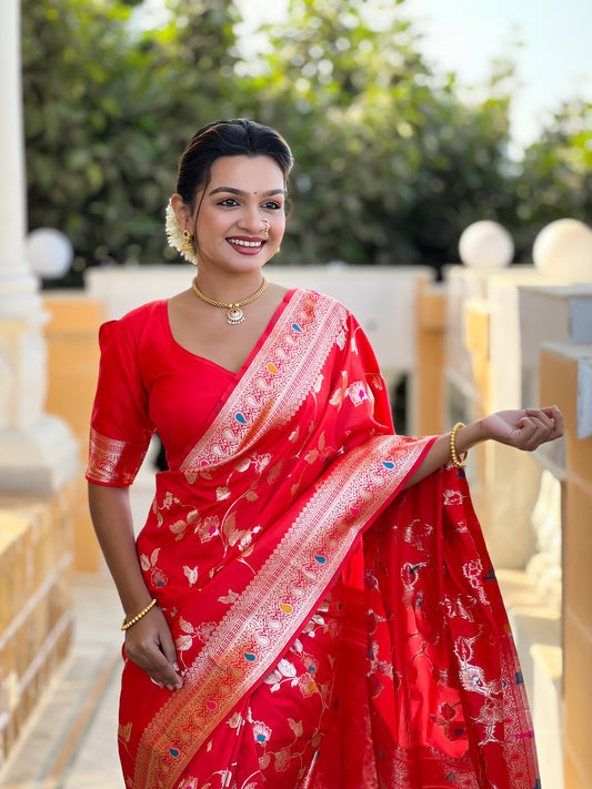 Red Banarasi Silk Saree with Intricate Zari Work