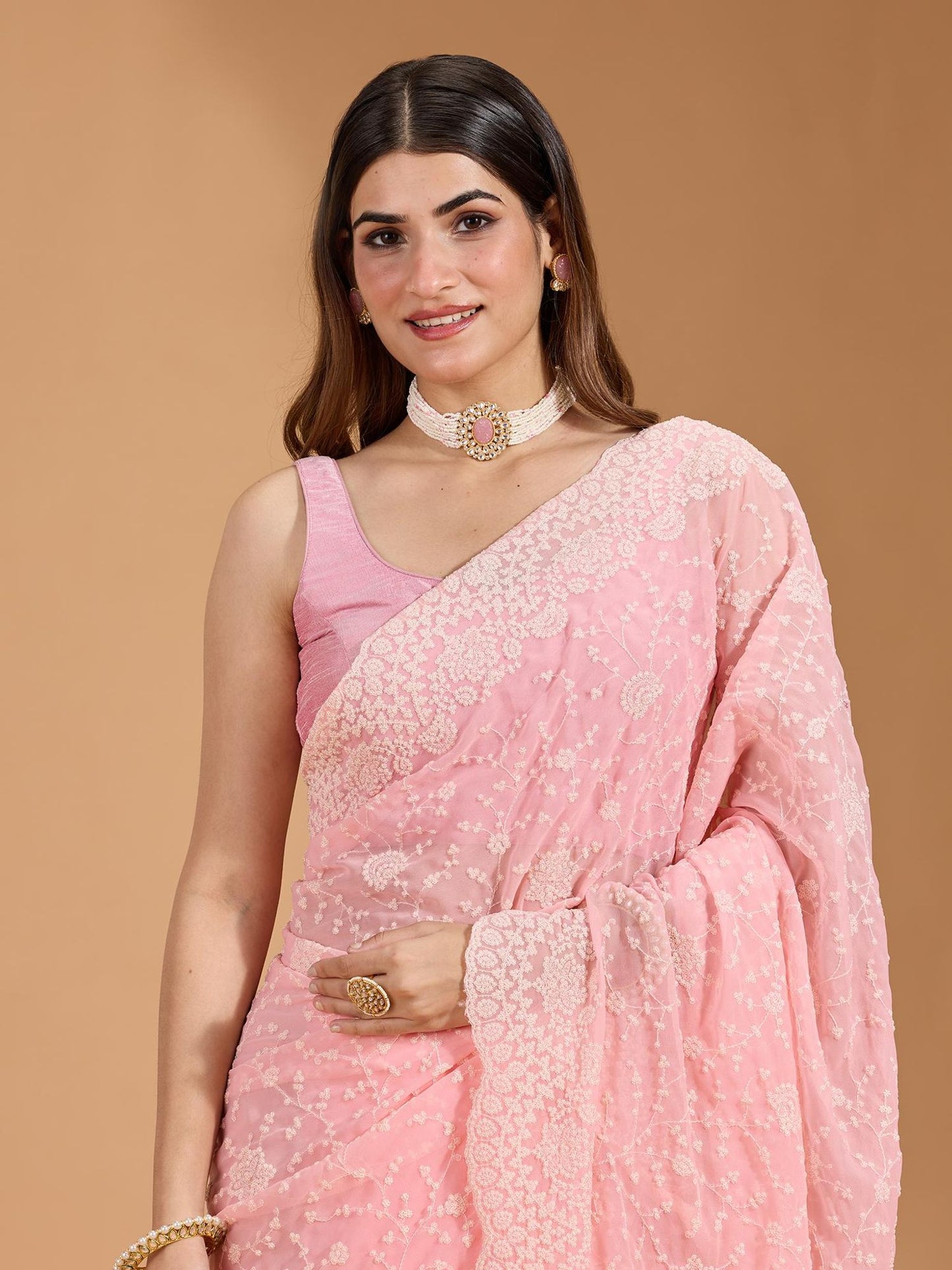 Baby Pink Georgette Beautiful Embroidery Work Saree