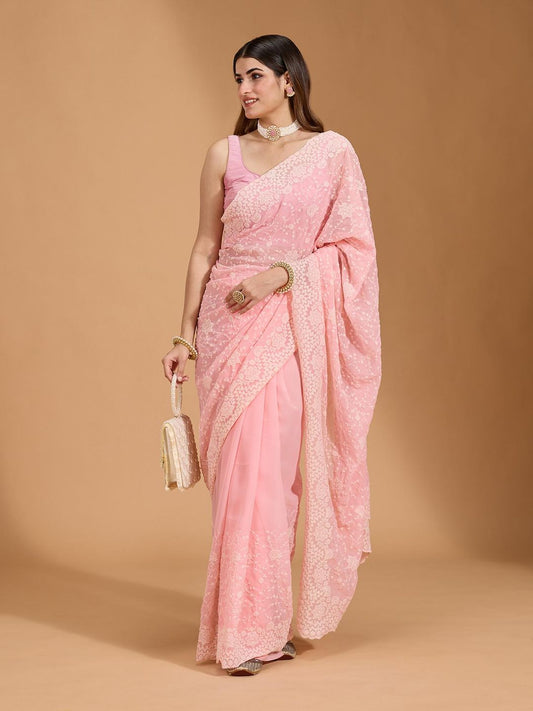Baby Pink Georgette Beautiful Embroidery Work Saree