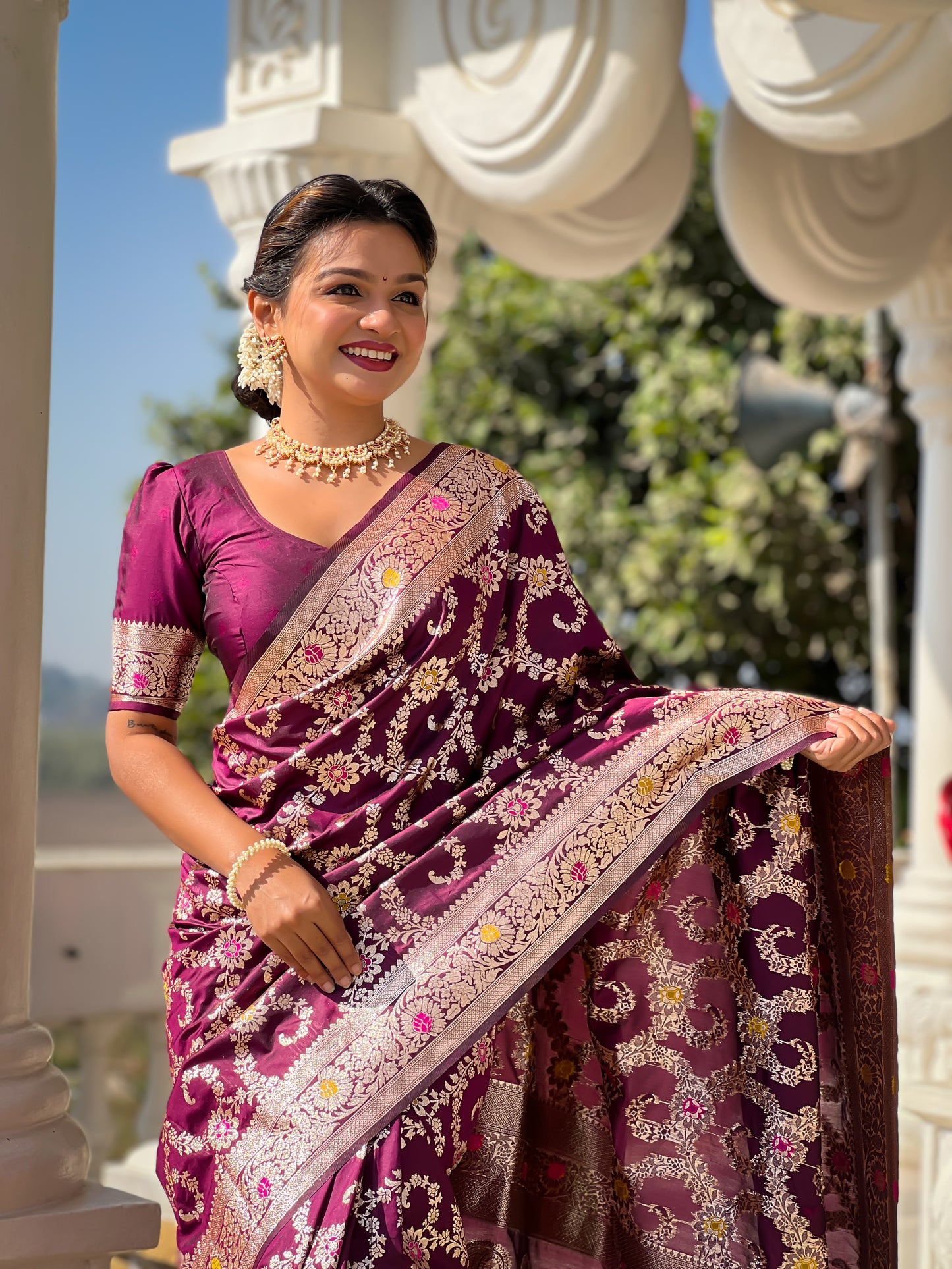 Wine Banarasi Soft Silk Saree