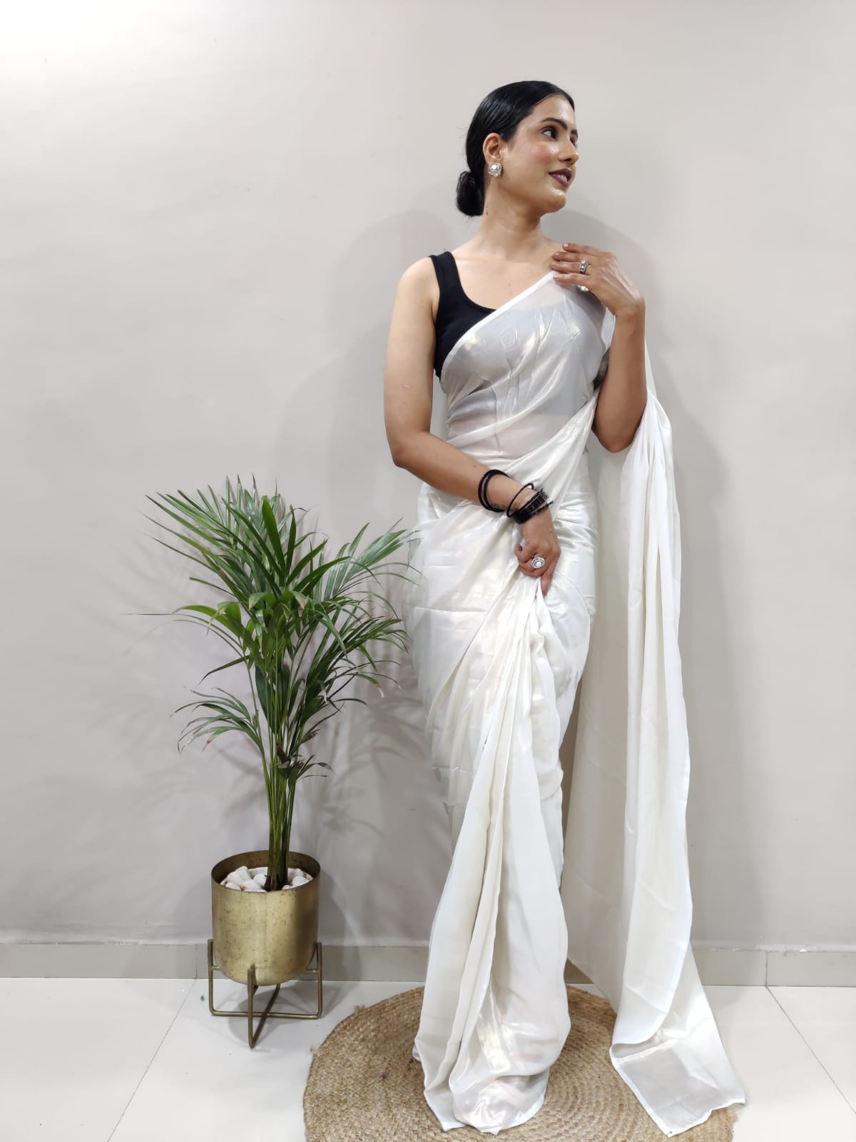 White Elegant Shimmer Satin Silk Saree