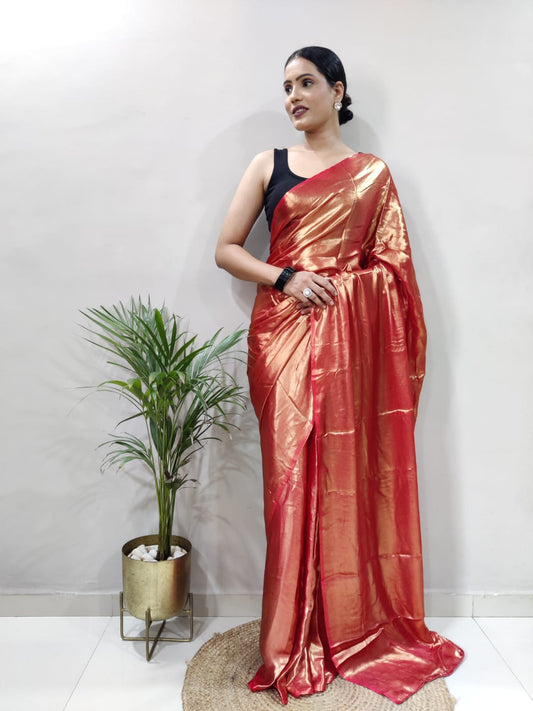 Elegant Rose Gold Shimmer Satin Silk Saree