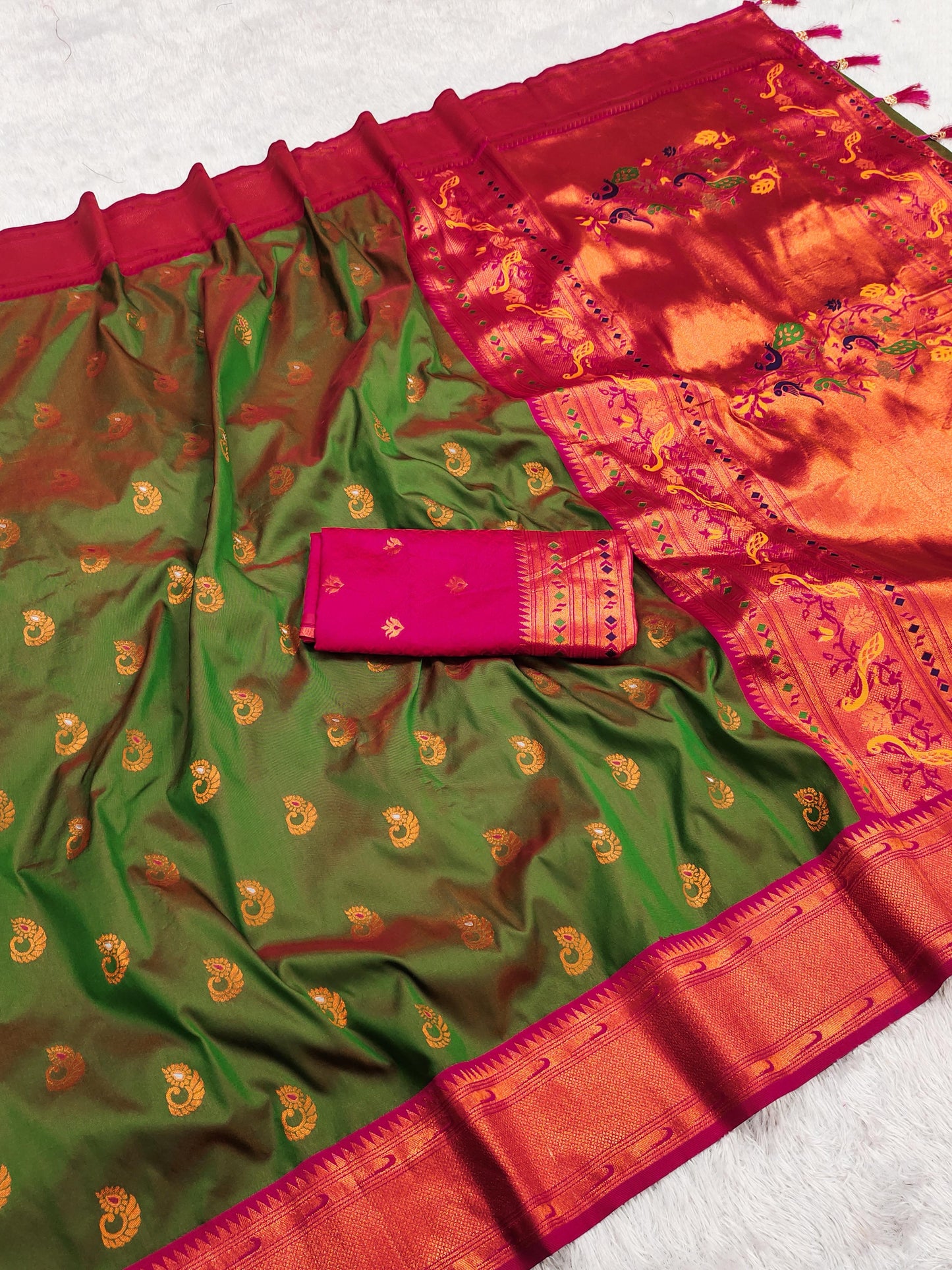 Mehndi Yellow Yeola Paithani Soft Silk Saree
