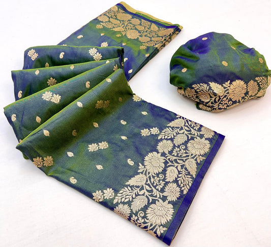 Emerald Green Elegant Two-Tone Banarasi Silk Saree