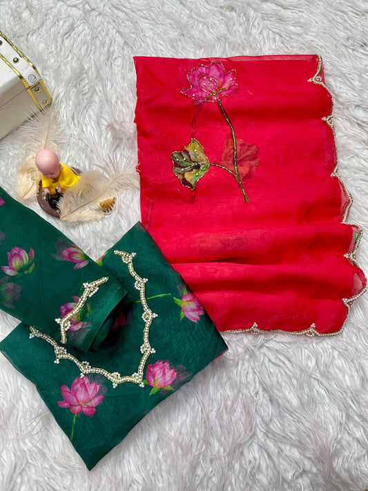 Red Rani Soft Tabby Organza with Digital Print and Khatli Work Saree