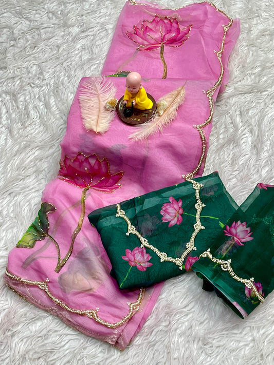 Pink Soft Tabby Organza with Digital Print and Khatli Work Saree