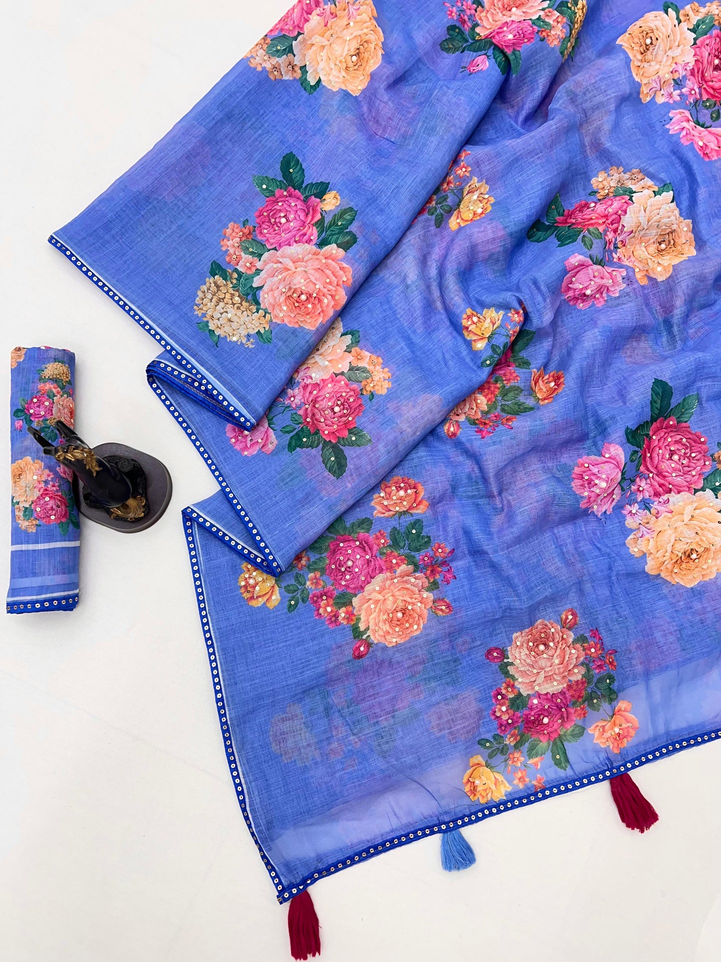 Sky Cotton Linen With Embroidery Sequence Work