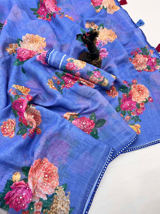 Sky Cotton Linen With Embroidery Sequence Work