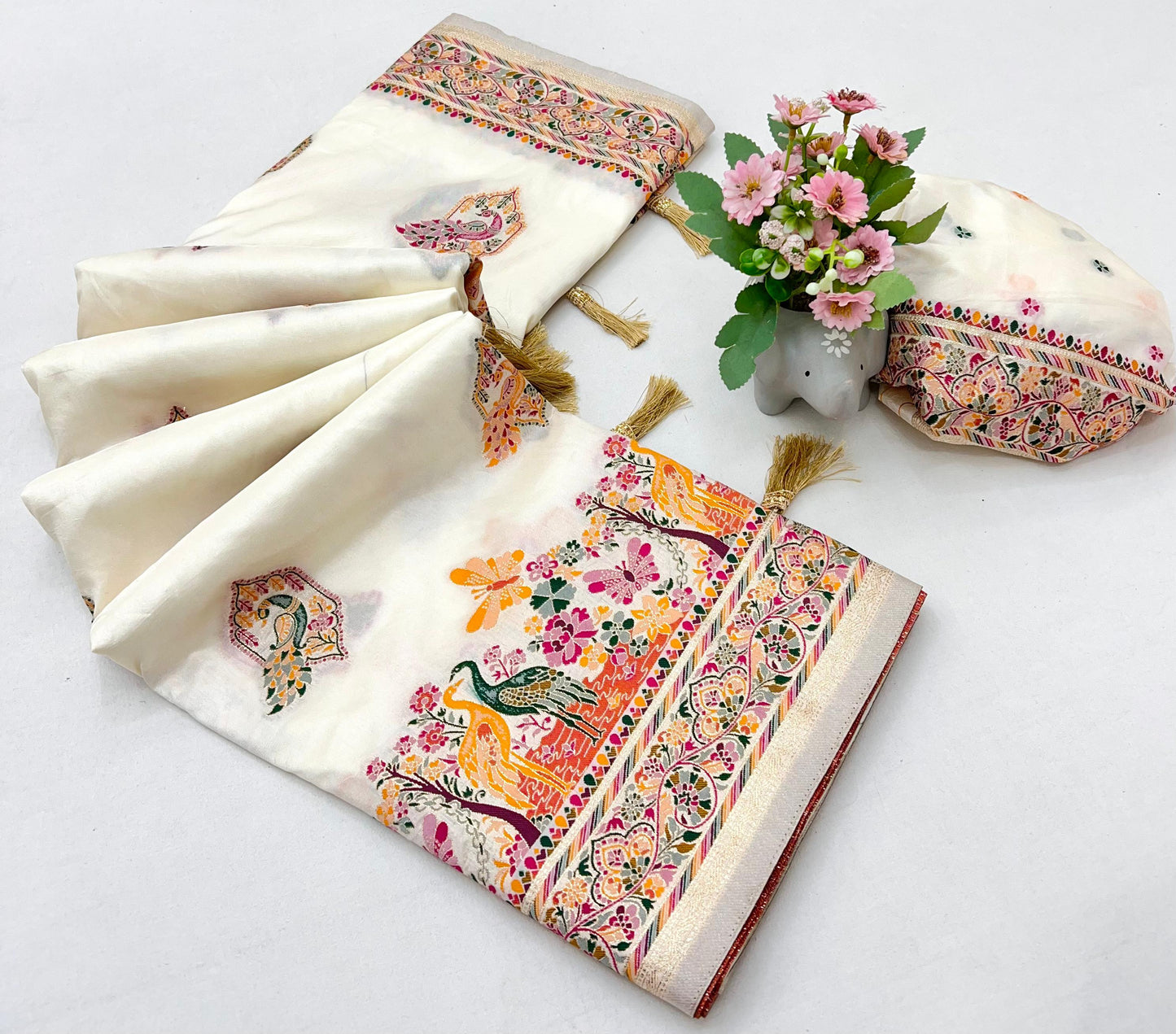 Luxurious Offwhite Pashmina Soft Silk Saree