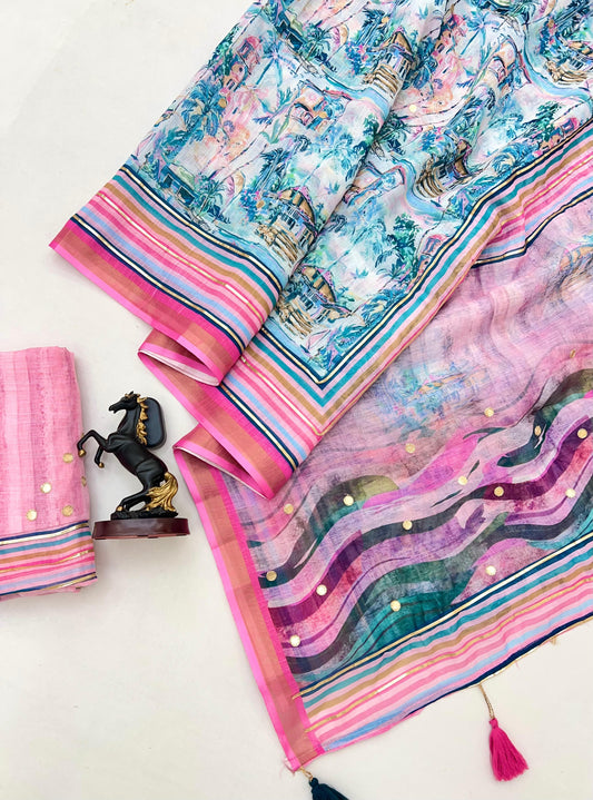 White Cotton Linen With Embroidery Sequence Work