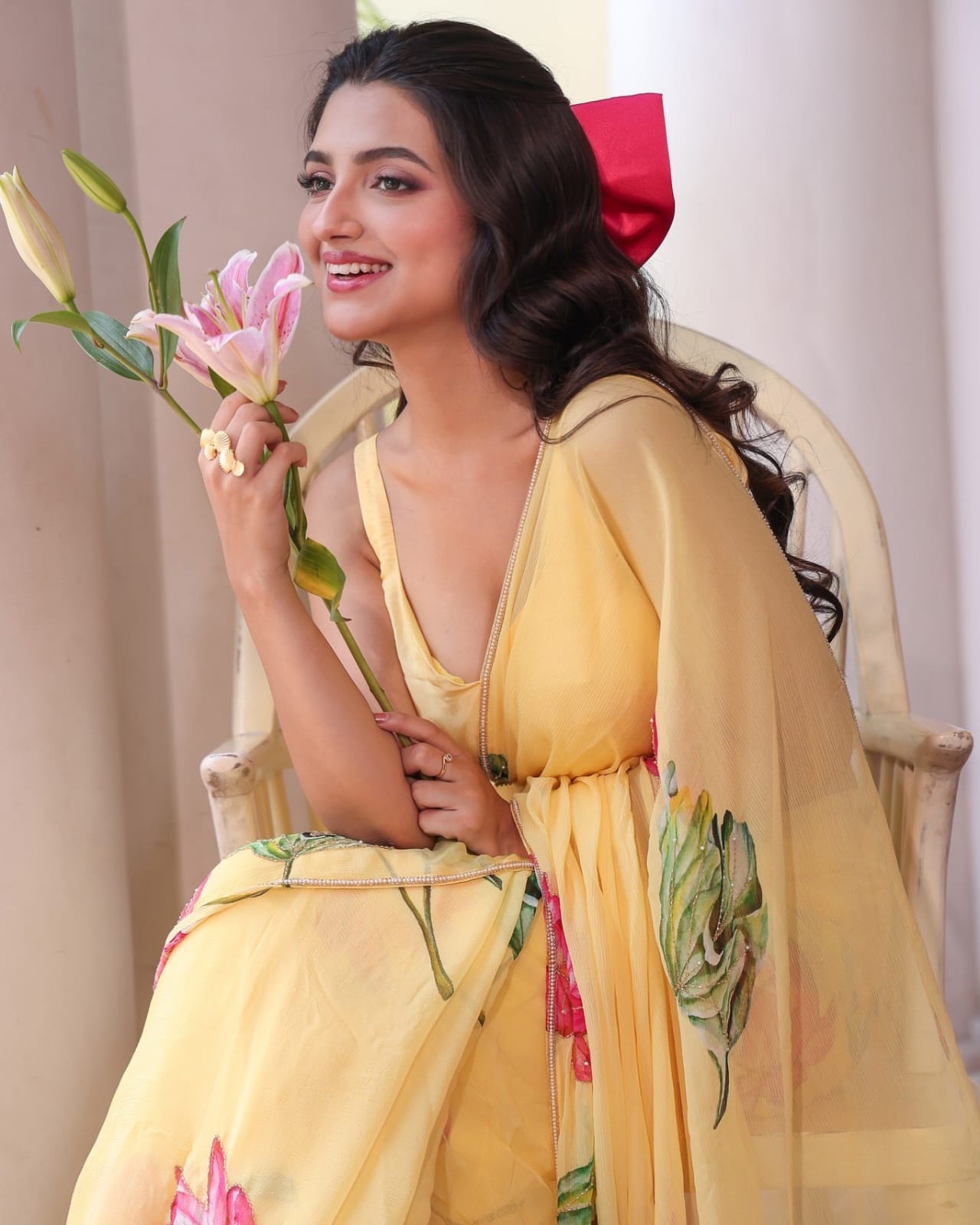 Yellow Organza Exclusive Floral Handwork Saree