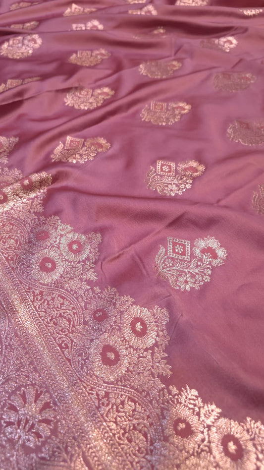 Elegant Mauve Pink Banarasi Satin Silk Saree with Golden Zari Weaving