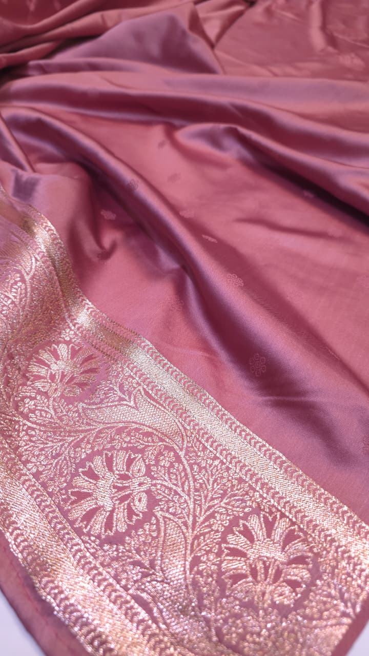 Elegant Mauve Pink Banarasi Satin Silk Saree with Golden Zari Weaving