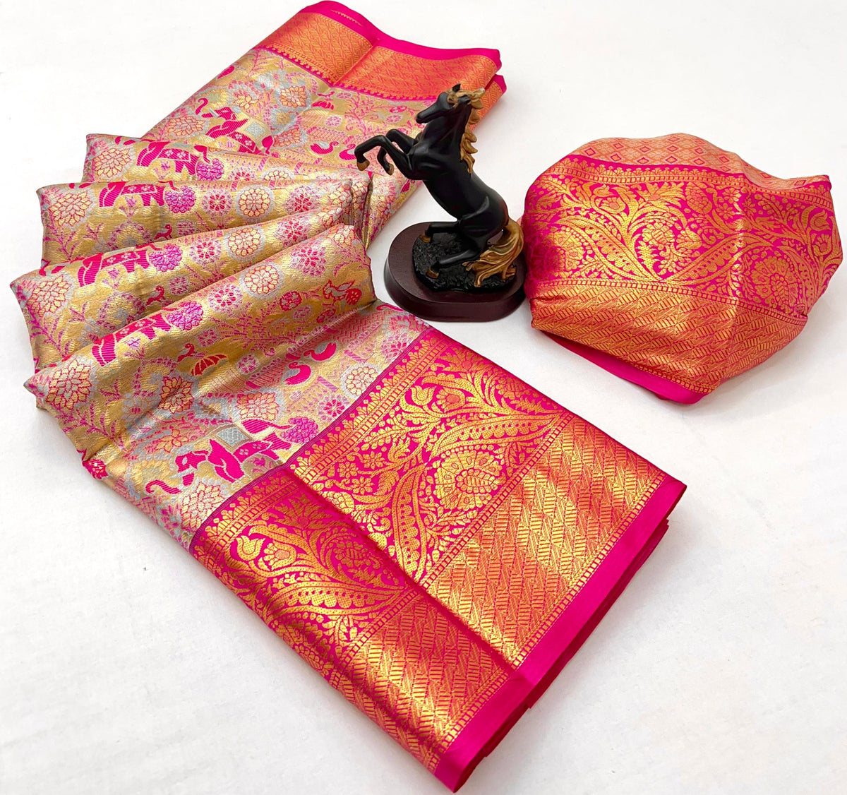 Rani Pink and Gold Kanchipuram Soft Silk Saree