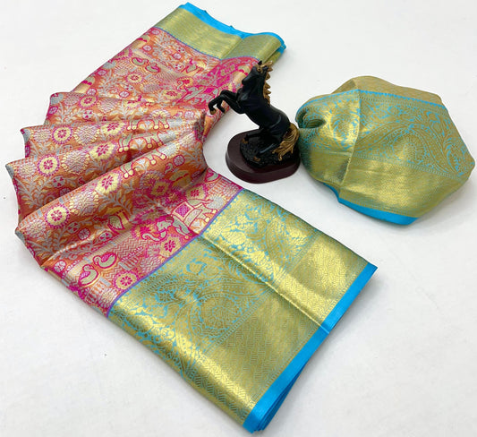 Magenta Pink and Gold Kanchipuram Soft Silk Saree