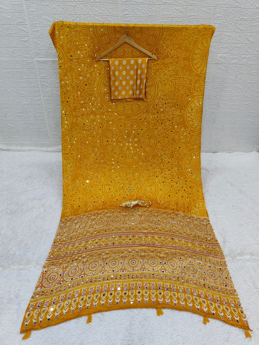 Yellow Bandhani with Ajrakh Mirrorwork Saree