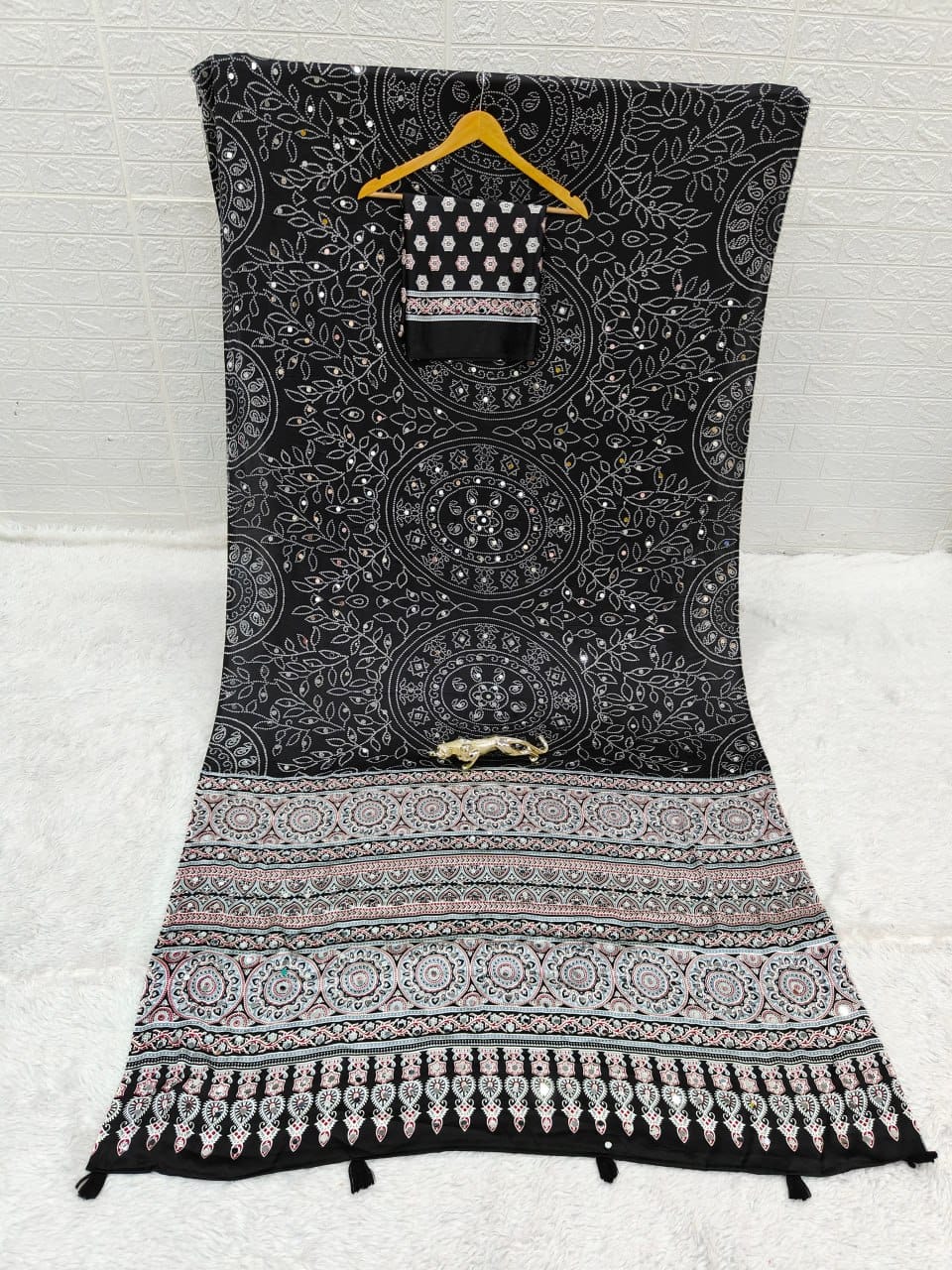 Black Bandhani with Ajrakh Mirrorwork Saree