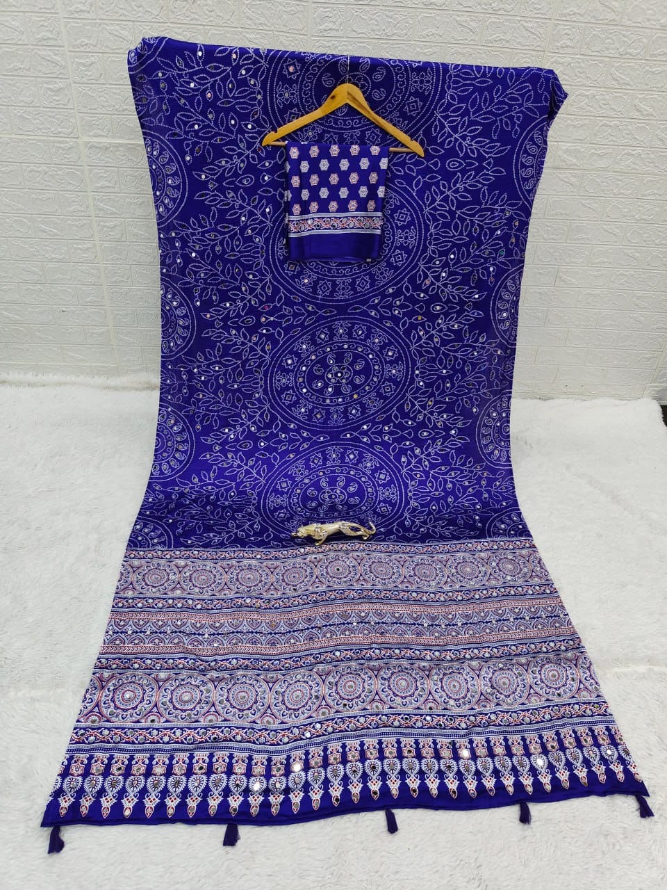Blue Bandhani with Ajrakh Mirrorwork Saree