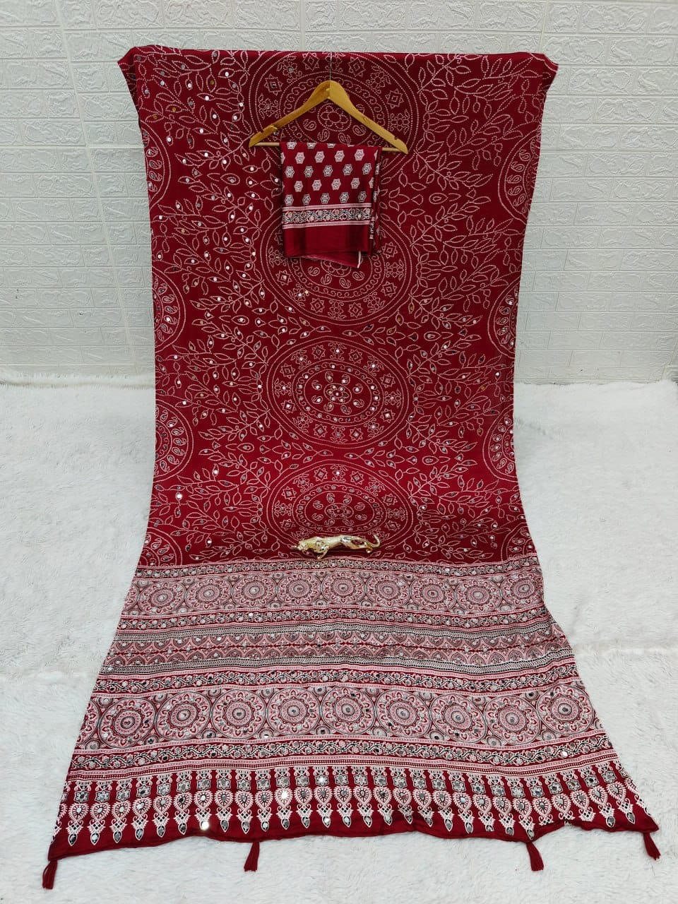 Maroon Bandhani with Ajrakh Mirrorwork Saree