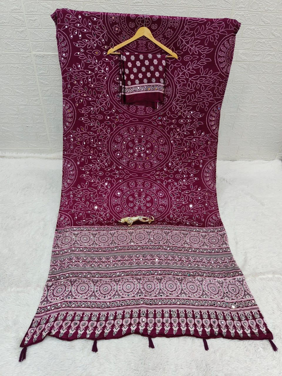Wine Bandhani Ajrakh Mirrorwork Saree