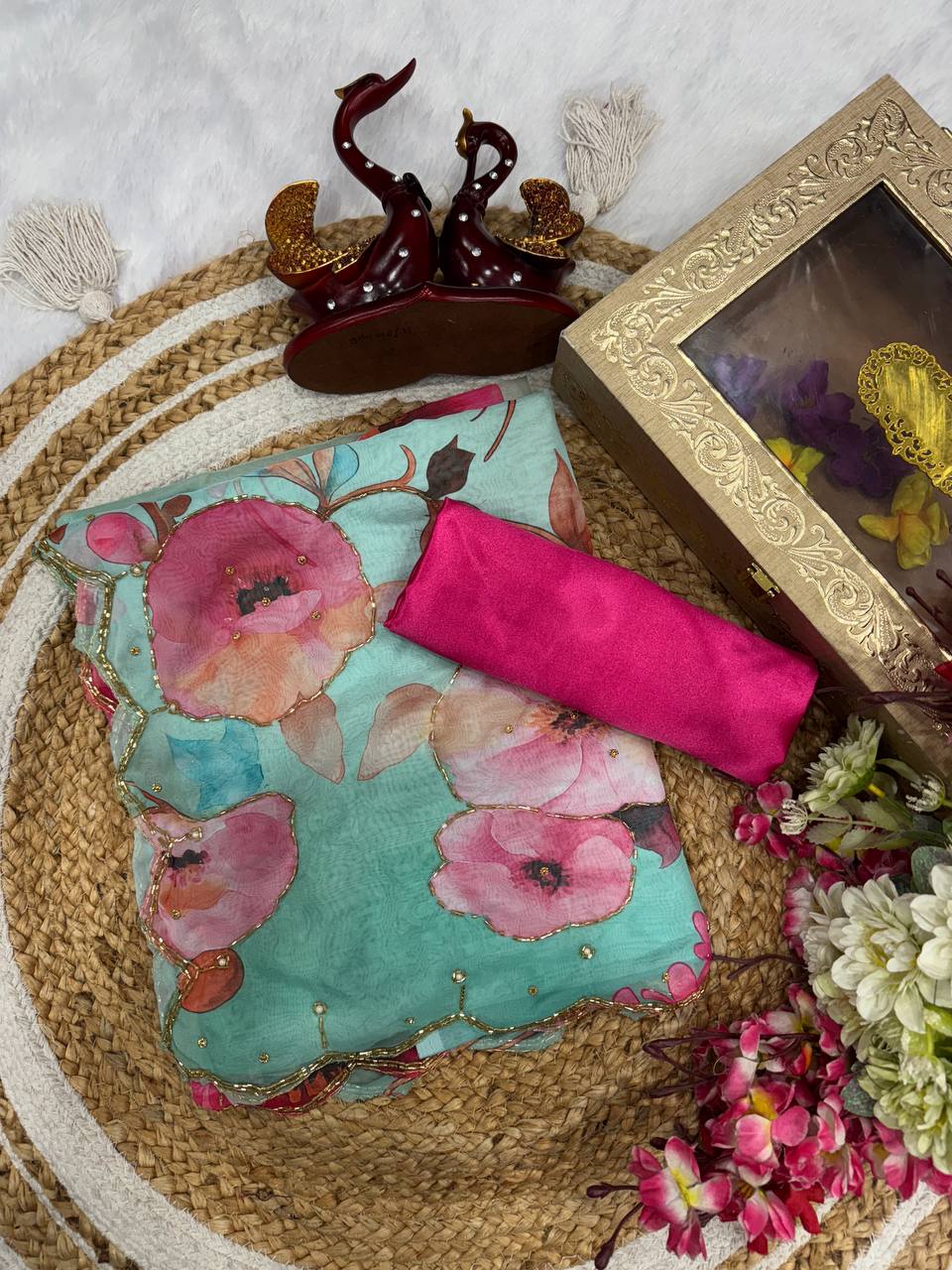 Exclusive Sky Tabby Organza Silk Saree With Handwork