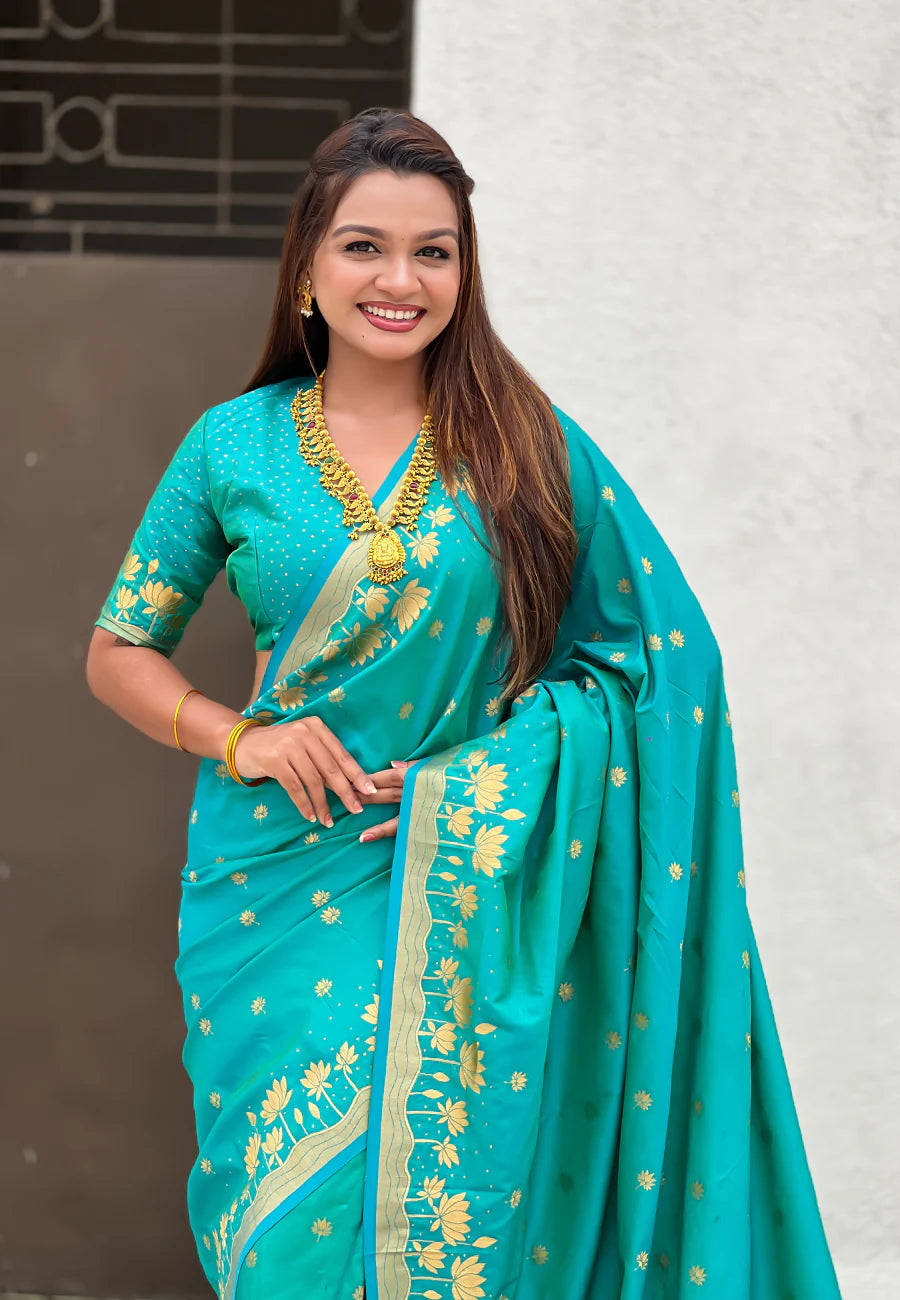 Aqua Blue Zari Woven Pichwai Silk Saree