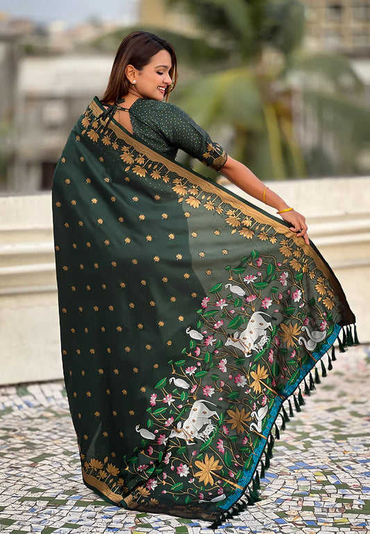 Bottle Green Zari Woven Pichwai Silk Saree