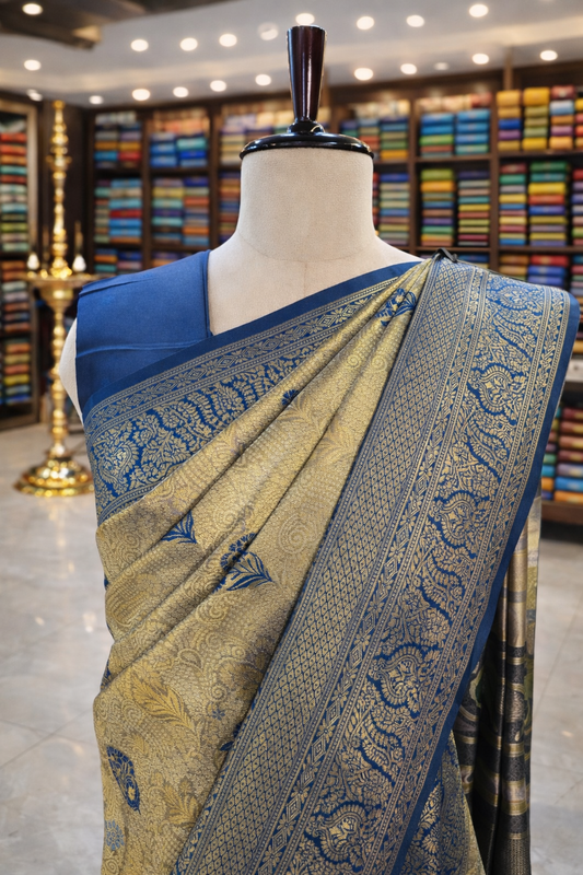 Saundarya Antique Gold with Rama Kanjivaram Tissue Soft Silk Saree