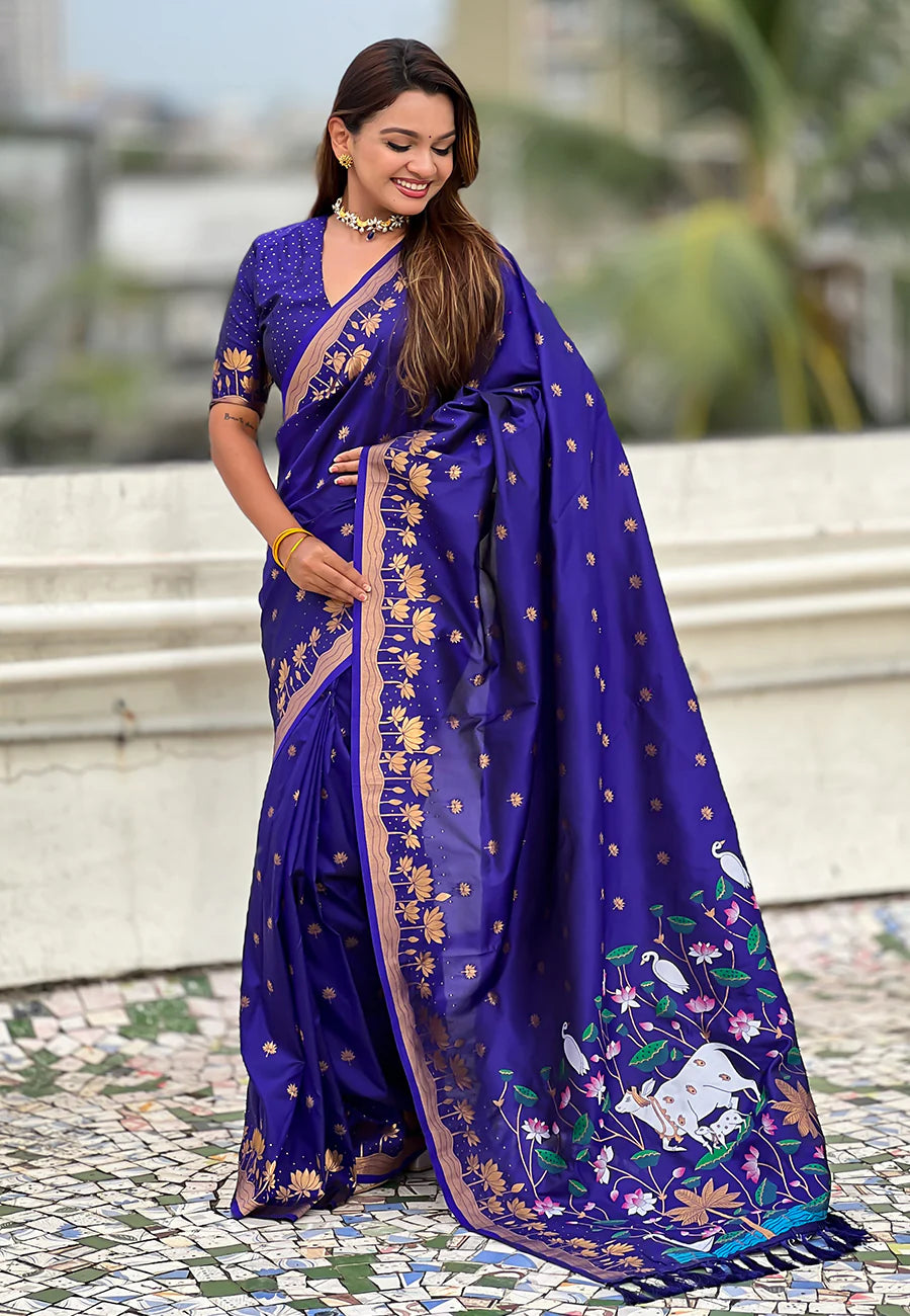 Royal Blue Zari Woven Pichwai Silk Saree